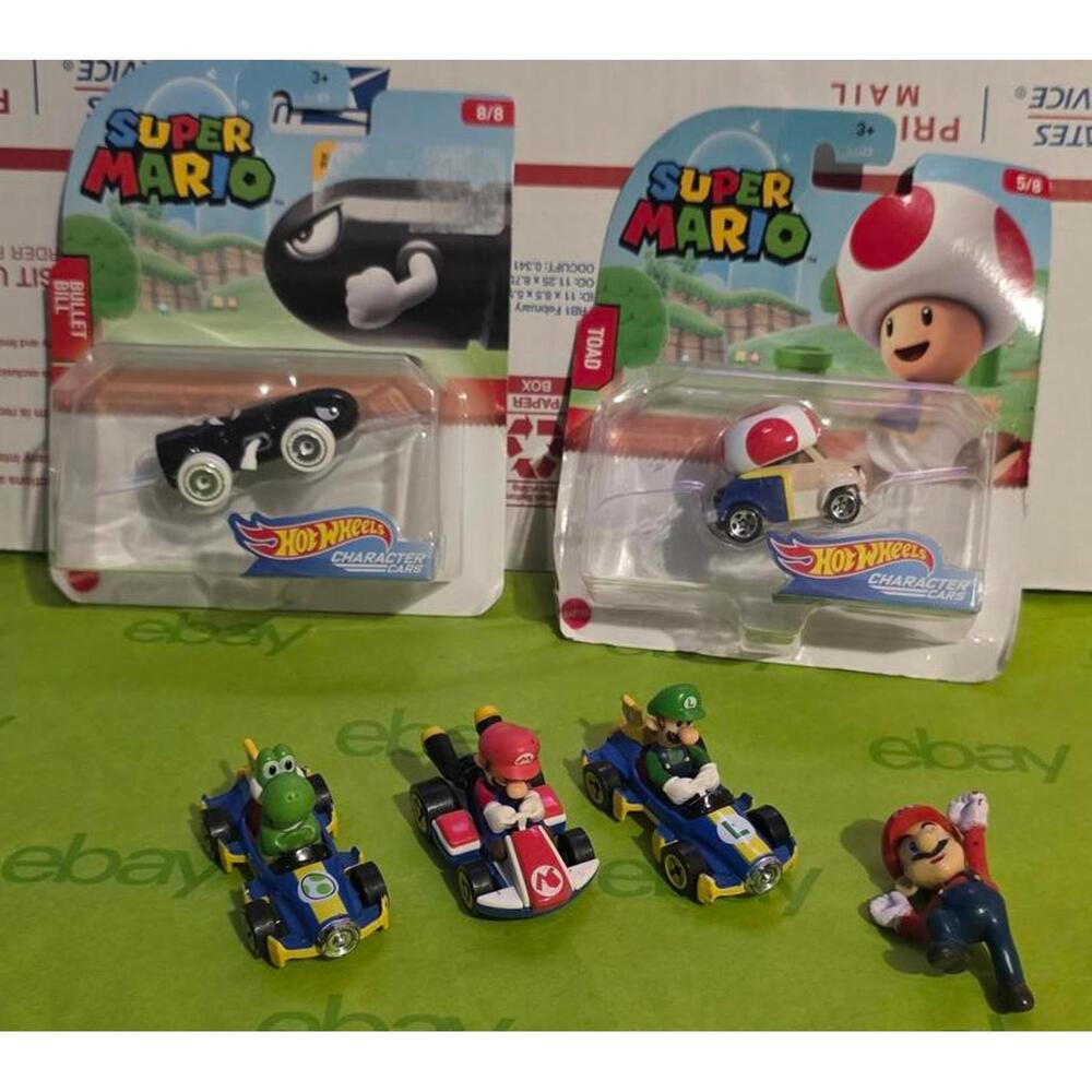 Hot Wheels ++ Super Mario Character Cars Set Yoshi, Luigi, Mario, Bullet Bill